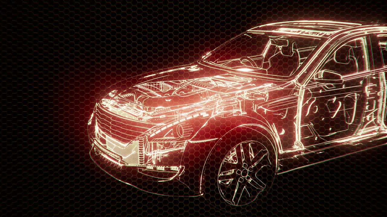 Animazione olografica di modello auto wireframe 3D con motore