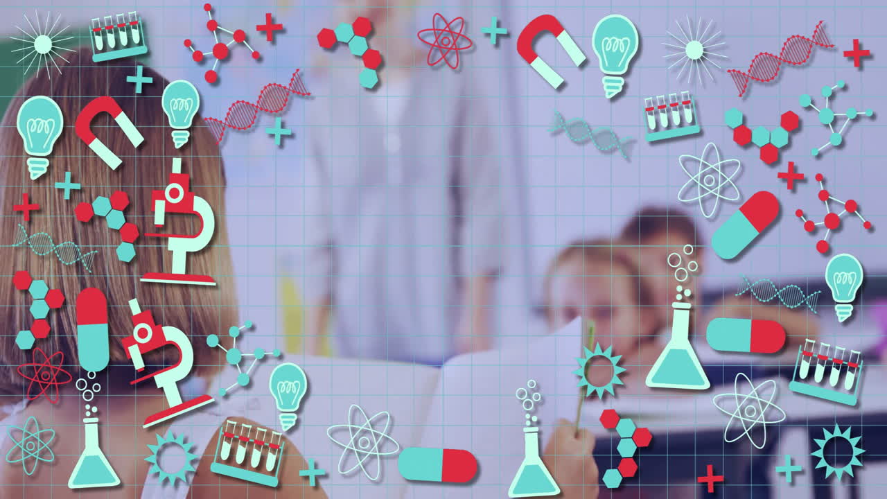 Science icons and symbols animation over students studying in classroom