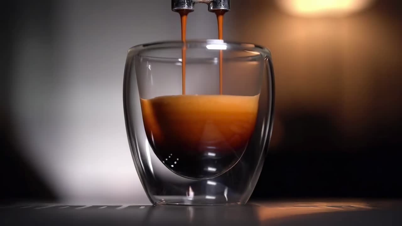 Close-up de Café Expresso Sendo Despejado em um Copo de Parede Dupla