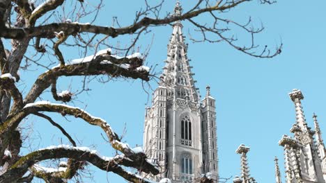 view of the top of the cathedral in bern, switzerland during a sunny winter day