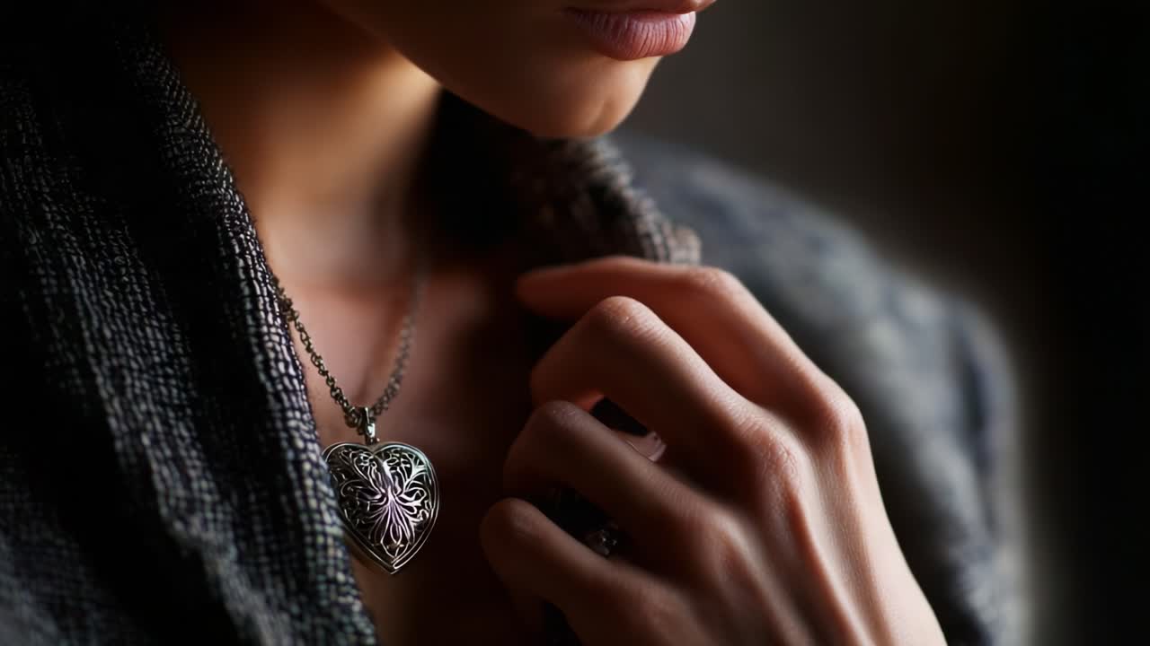 Captivating Close-Up of a Heart-Shaped Silver Necklace Hanging Elegantly from a Delicate Chain Against a Mysterious Background, Highlighting Elegance and Intricacy in Jewelry Design