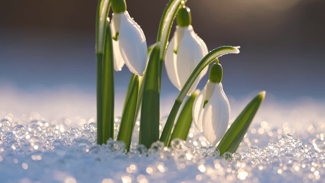 Close-up video shot of snowdrops emerging through glistening snow, capturing the delicate beauty