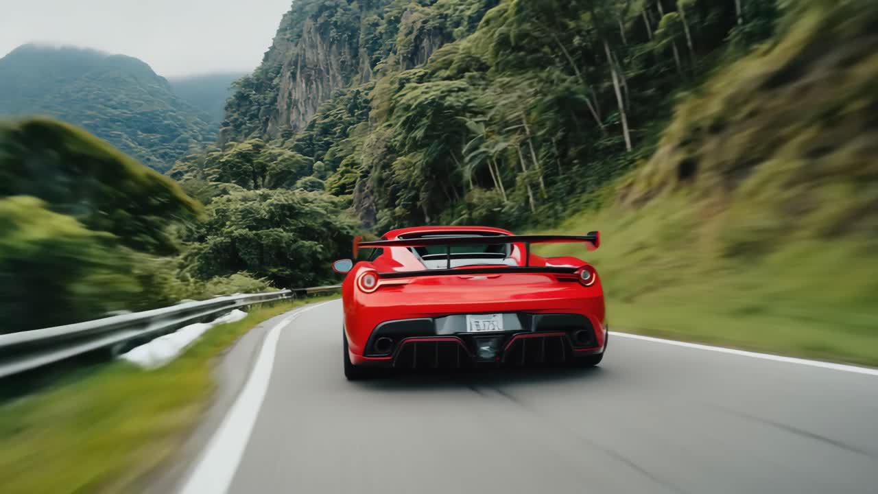 Red Sports Car Driving on a Winding Mountain Road