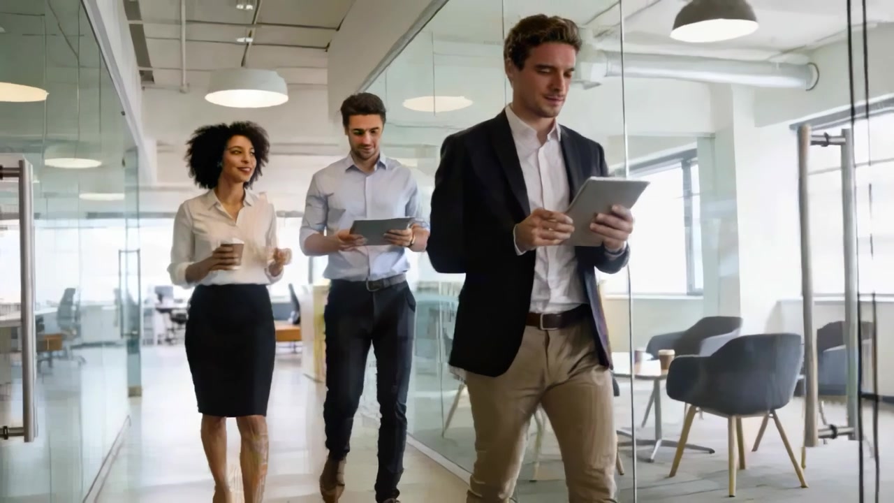 Walking office trio coordinating work down glass hall in business attire, holding tablets, coffee