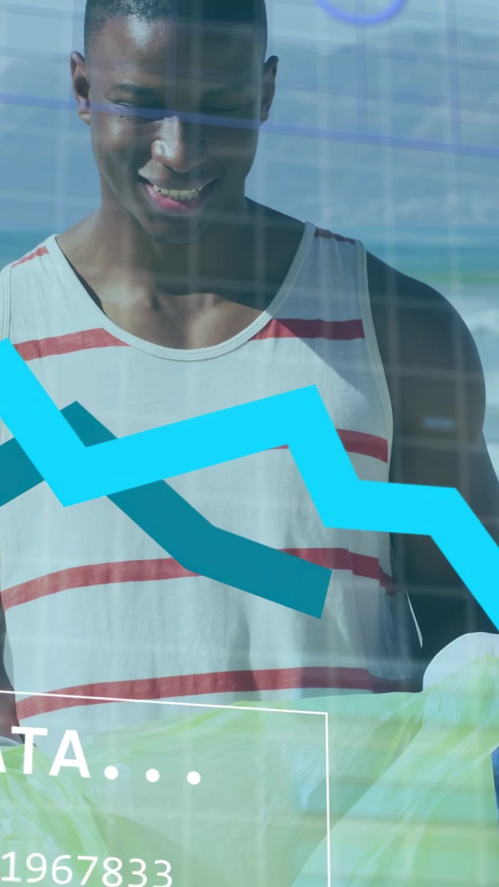 Video vertikal: Pria memegang tas neon di tepi pantai, overlay data grafik menyapu di atasnya untuk desainer