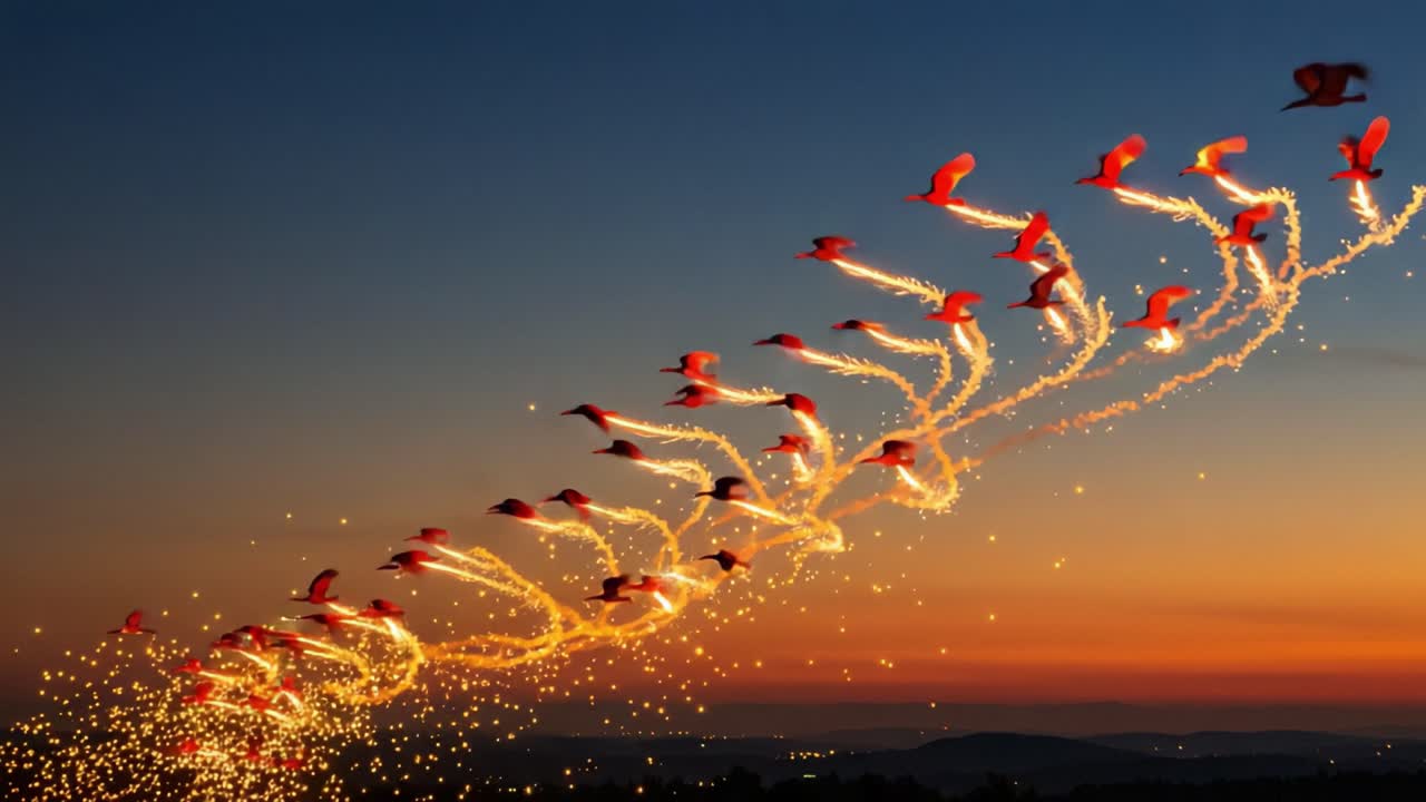 A Mesmerizing Display of Colorful Birds in Flight, Tracing a Sparkling Path Across the Sunset Sky in Stunning Visual Splendor