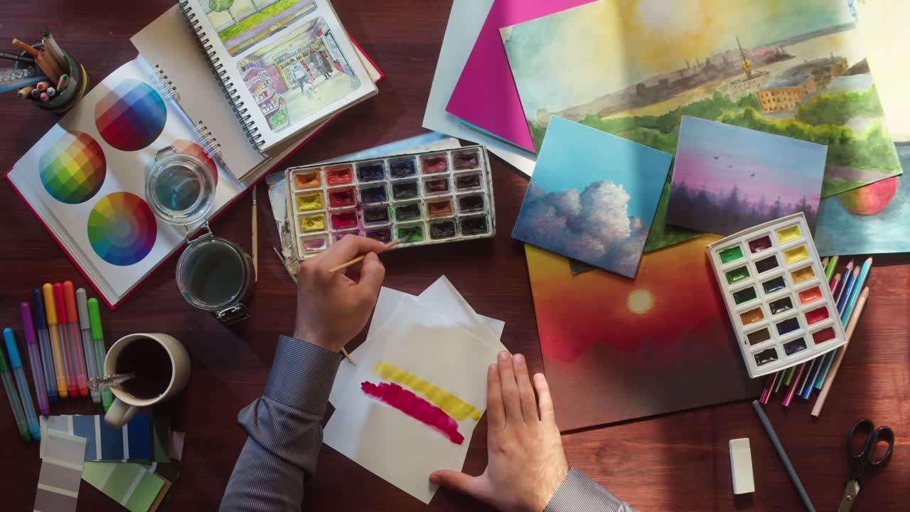 Top View of Artist's Hands Painting with Watercolors on a Wooden Desk