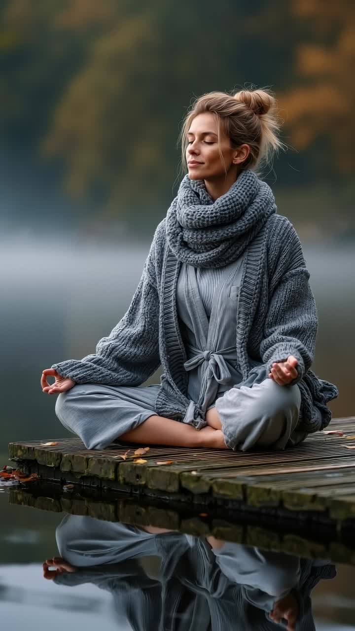 A woman sitting on a dock meditating in the middle of a lake