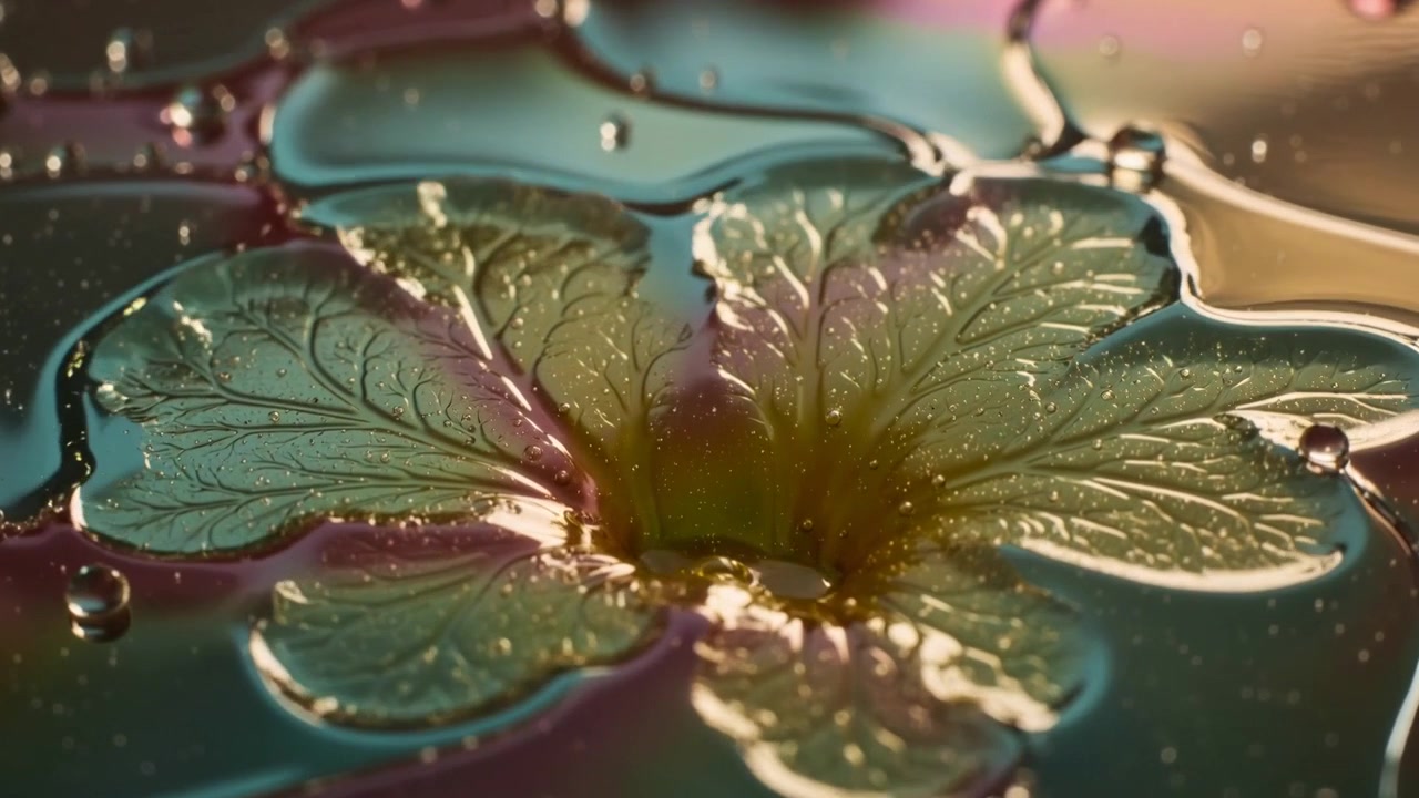 Showing veined flower flattening on glossy liquid as liquid shifting, forming small central bubble