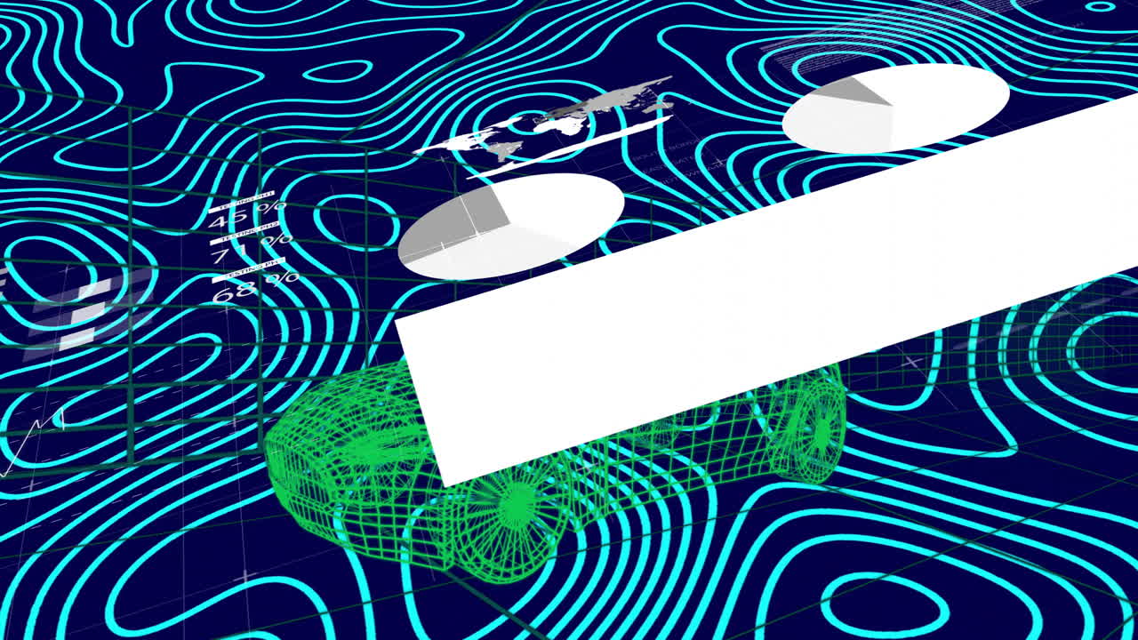 green wireframe car model moving through CFD flow over dark grid with cyan streamlines and charts