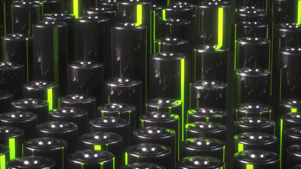animación de fondo de color neón futurista. muchas baterías con energía verde