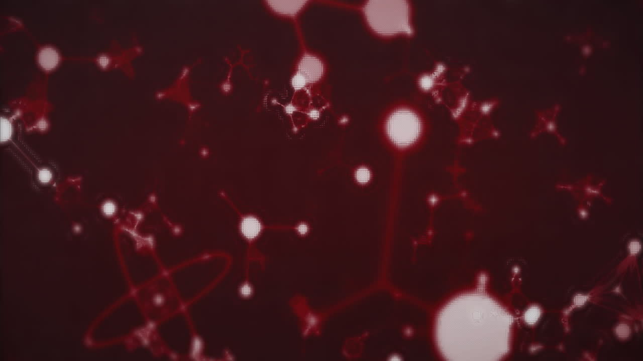 Animation of white light spots and connections moving on dark red background