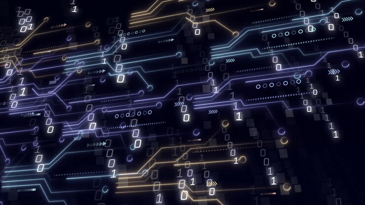 Animation of binary coding data processing over black background