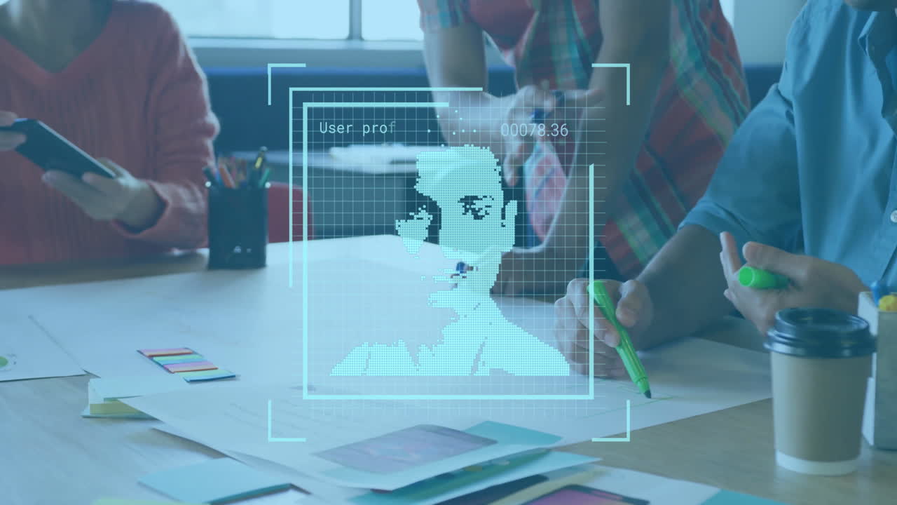 디자인 회의에서 다양한 디자이너의 초상화 스캔을 처리하는 애니메이션