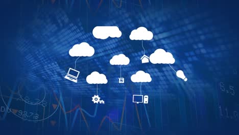 Animation-Von-Wolken-Mit-Symbolen-über-Diagramm-Und-Datenverarbeitung