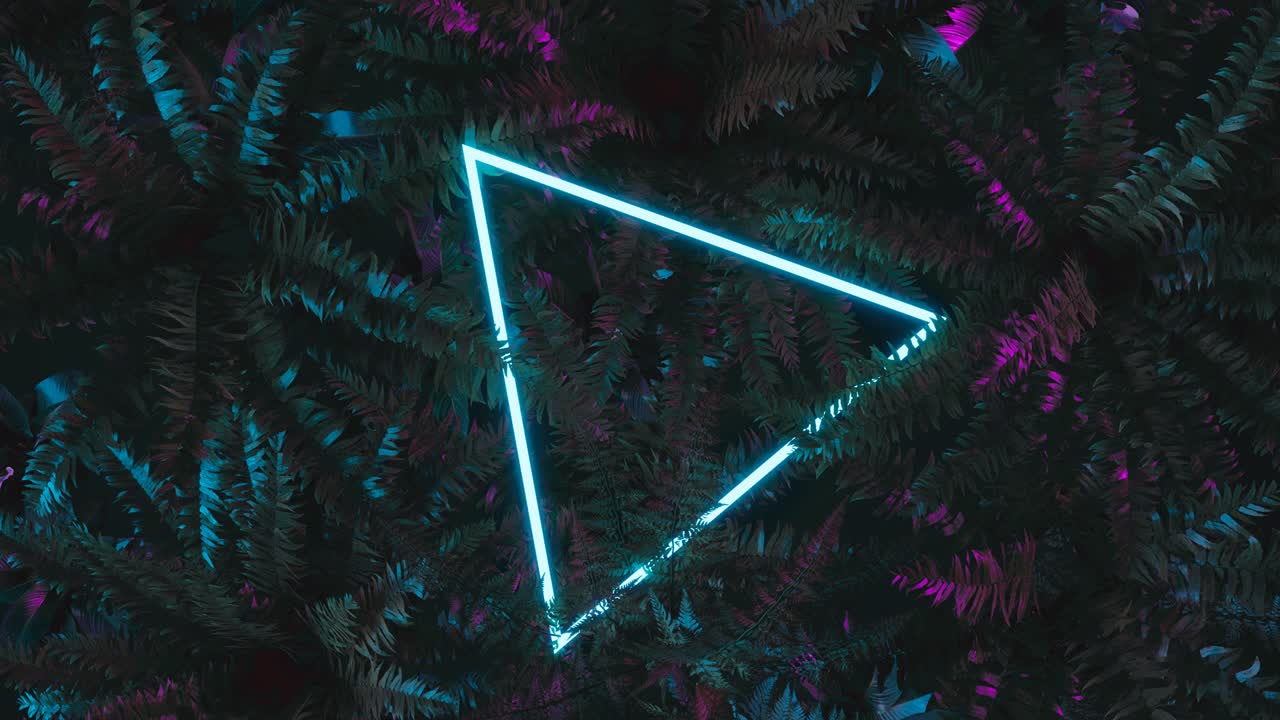 animation of red triangle neon light covered by fern leaves. Flat lay of minimal tropical style concept