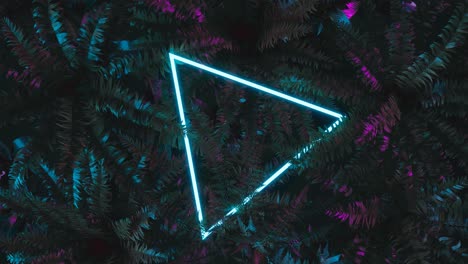 animation of red triangle neon light covered by fern leaves. flat lay of minimal tropical style concept