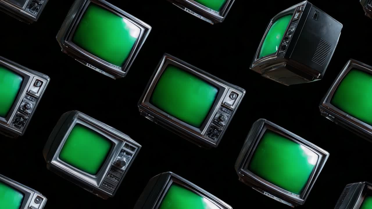 A Pattern of Vintage Televisions Displaying Green Screens, Capturing the Nostalgia and Retro Aesthetic of Outdated Technology Under a Dark Background, Evoking Memories of Broadcasts and Classic Shows