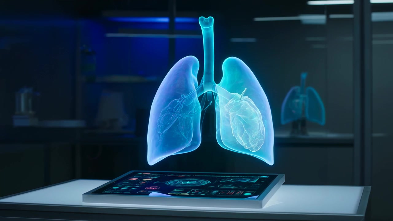 HUD del tablet che si attiva proiettando polmoni 3D che ruotano e pulsano sopra il tablet in laboratorio, mostrando il cuore
