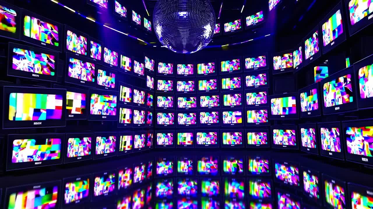Vibrant scene of multiple televisions displaying colorful abstract patterns in a dark room with a disco ball, creating a dynamic visual experience and immersive atmosphere