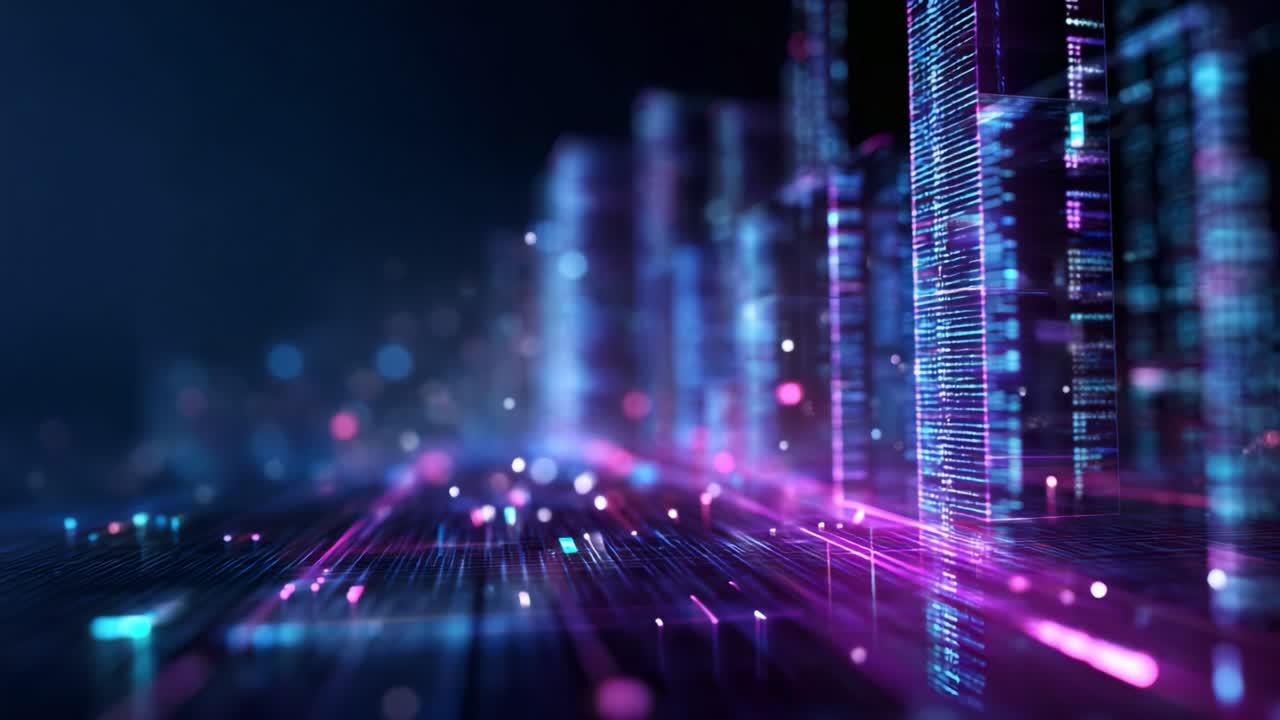 Dynamic Futuristic Digital Landscape with Colorful Light Trails and Vertical Structures Representing Advanced Technology and Data Flow in a Visual Spectrum