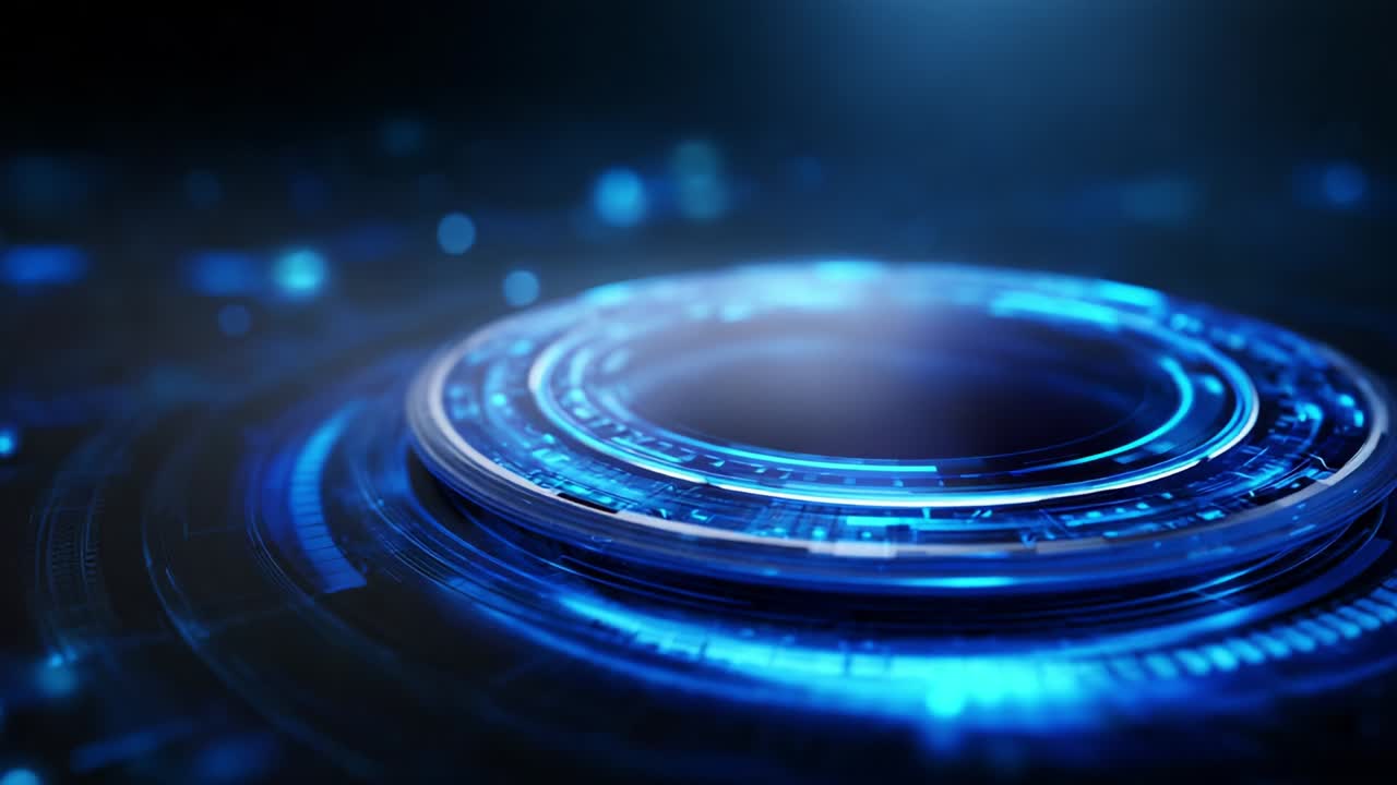 Futuristic Circular Digital Display with Glowing Blue Light Effects Emphasizing Connectivity and Technology in a Virtual Space Environment, Showcasing Advanced Visual Elements and Holographic Design