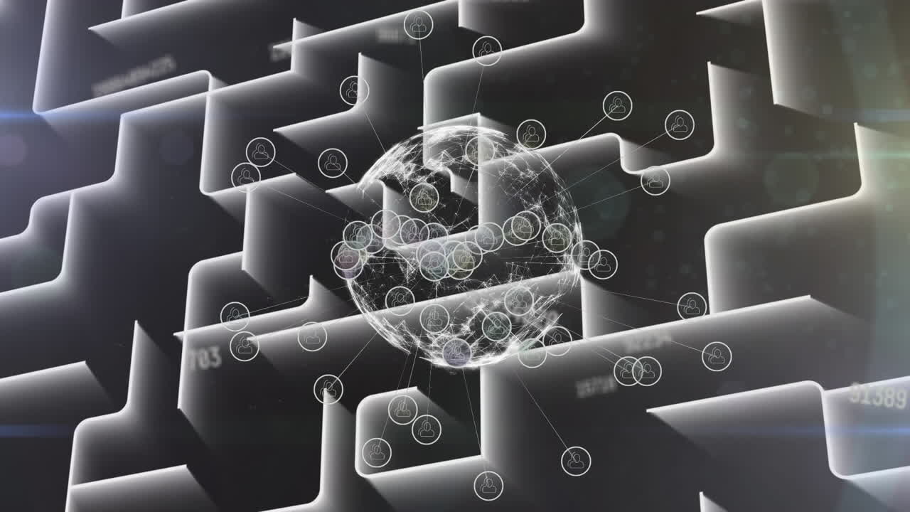 анимация сети соединений и обработки данных на темном фоне