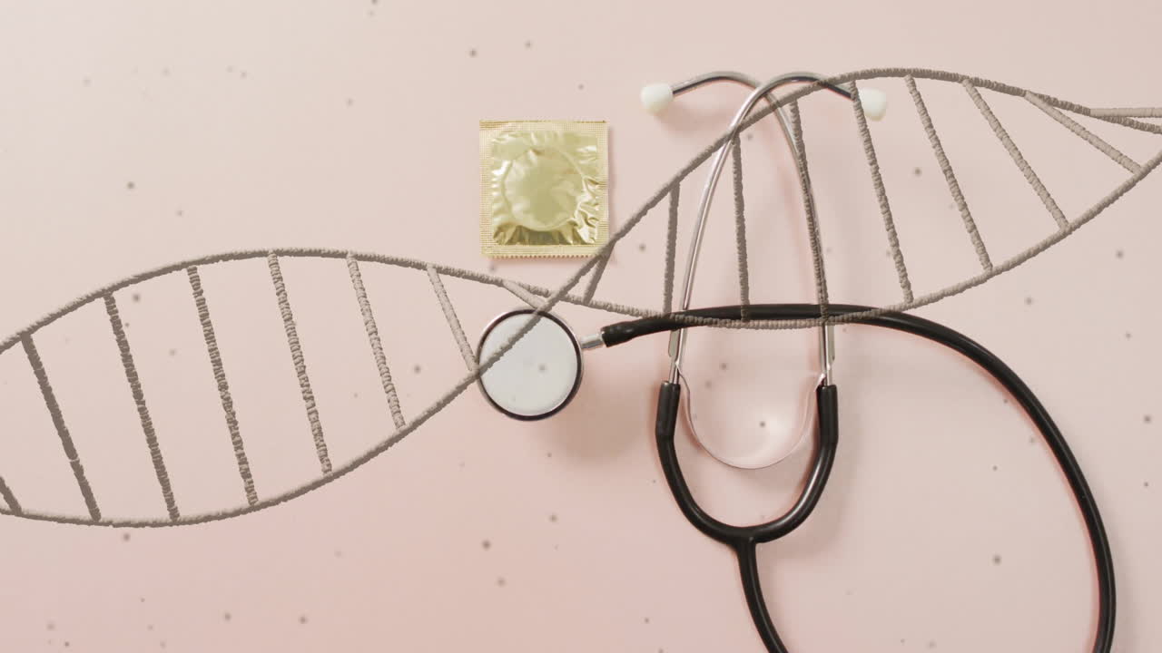 Animation of dna strand and stethoscope over condom on white background