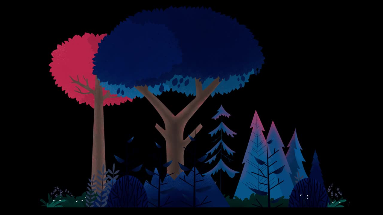 나무, 관목 및 풀의 그룹은 바람에 흔들리는 파란색과 분홍색 색입니다.