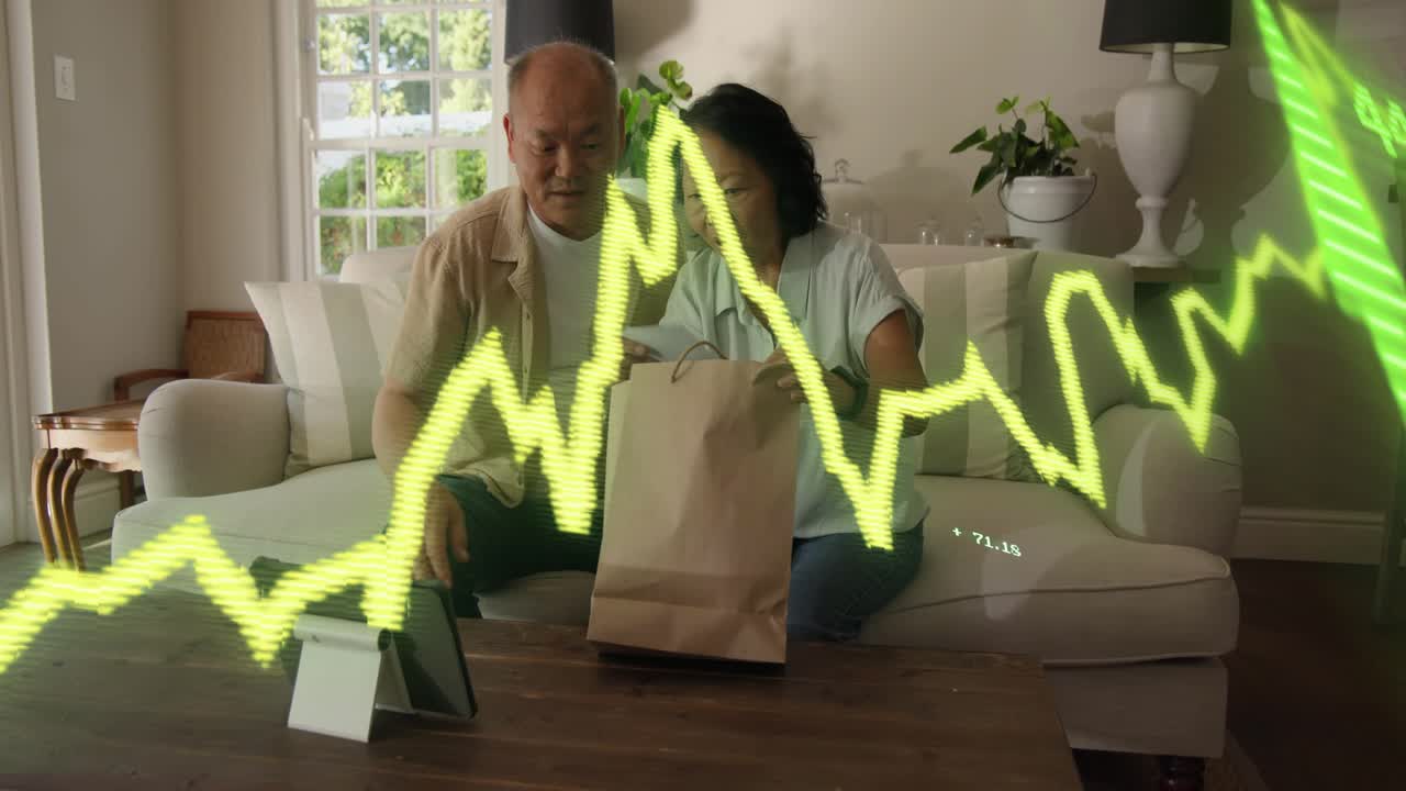 Tablet updating finance couple on couch opening paper bag reviewing purchases graph overlay moving
