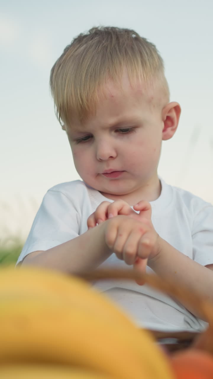 A little boy wearing a white shirt sits in a grassy field holding a snack. After taking a bite, he hands the snack to his mother, who is partially visible, sharing a sweet, nurturing moment outdoors
