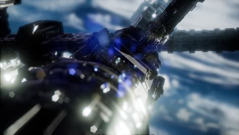 una enorme nave espacial muy detallada se acerca a la tierra.