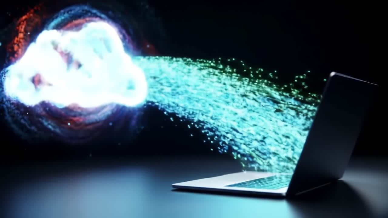 A Digital Cloud Transformation: Visualizing Data Stream from a Laptop, Merging Technology and Nature in a Stunning Display of Creative Concept Art