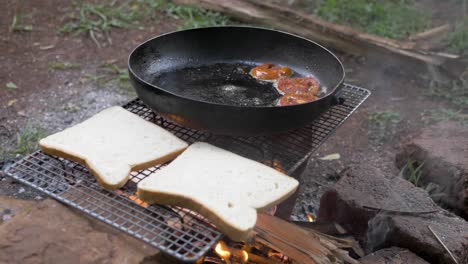 close up shot of tomatoes frying in a pan over a campfire while bread is being toasted on a grill