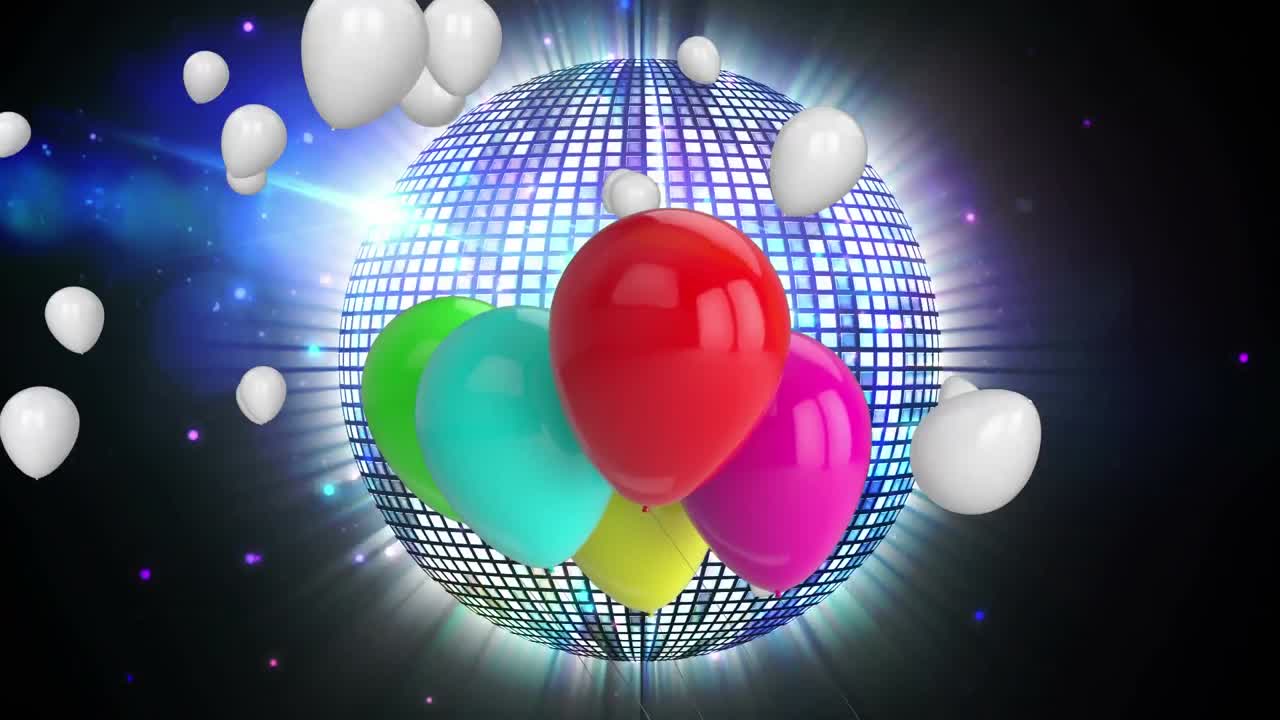 animación de globos flotando sobre una bola de espejo giratoria