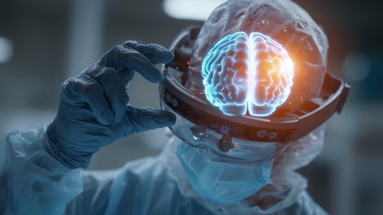 Un scientifique innovant en équipement de protection utilisant des lunettes de réalité augmentée pour visualiser un modèle de cerveau, fusionnant la technologie avec la recherche en neurosciences.