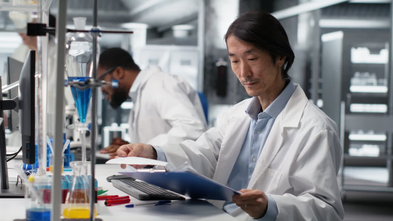 Vertical video Scientist looking at recorded research documentation observations