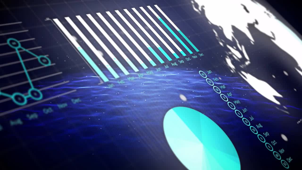 Opening grid sending bar chart emerging while wave flowing elements converging into unified display