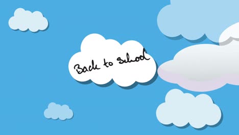 Animation-of-rocket-flying-across-black-back-to-school-text-on-white-cloud-in-blue-sky