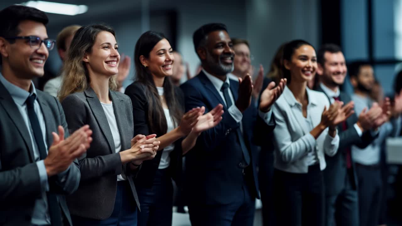 A diverse group of professionals in formal attire applauding enthusiastically in a corporate