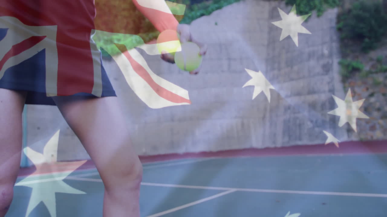woman holding ball on sports court overlaying star shapes and flag motifs for sports marketing