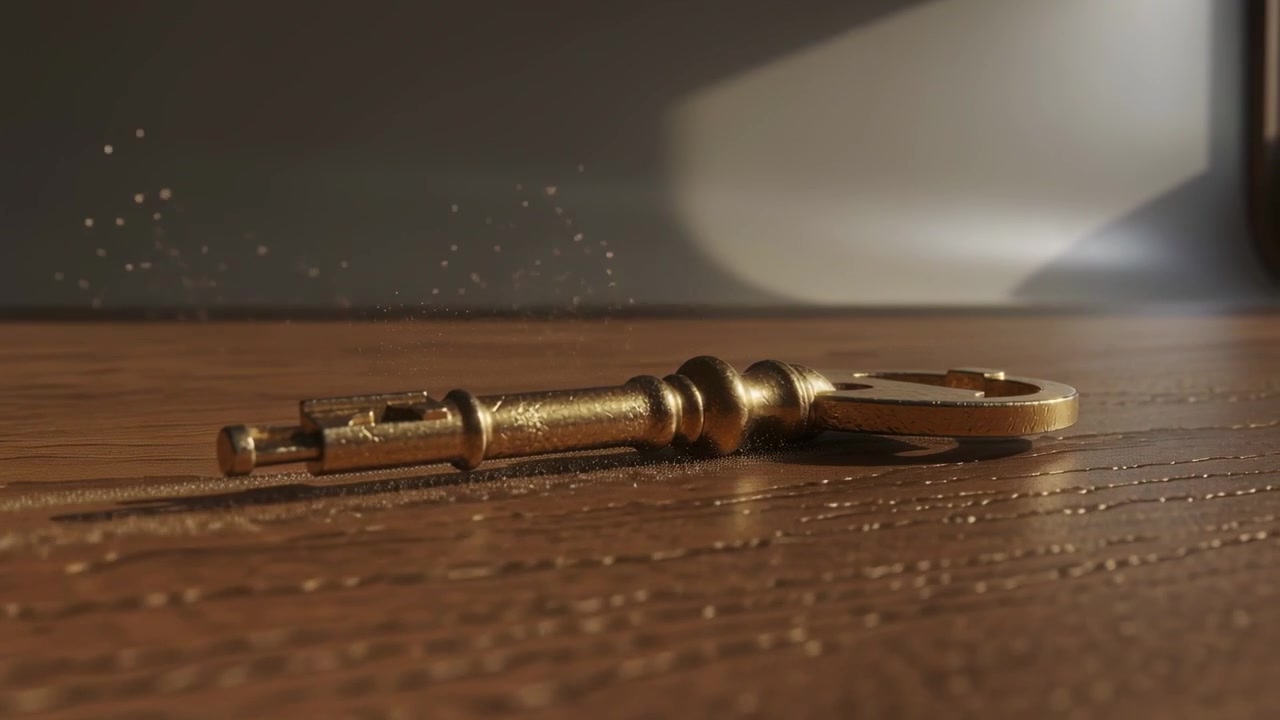 Rising right light revealing brass skeleton key lying horizontal on wood table, dust motes