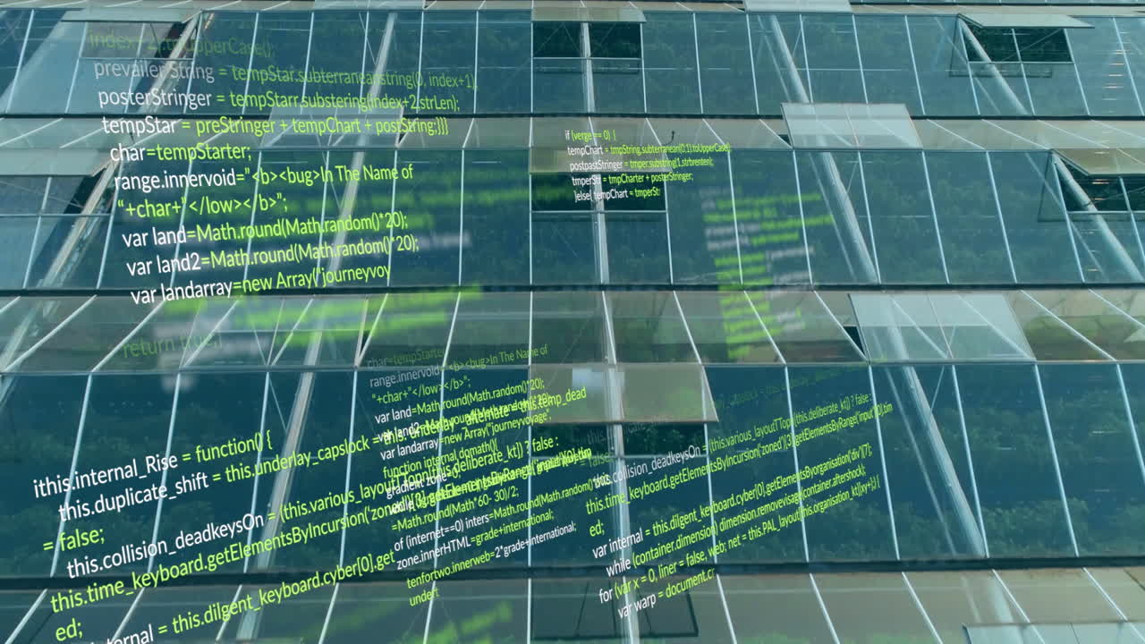 Animation of green computer code overlaying glass building reflecting modern tech theme