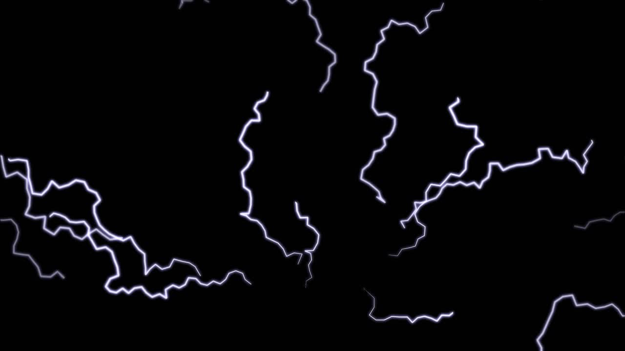 Animazione di fulmini bianchi e scariche elettriche su sfondo nero. Utile per simulazioni di tempeste, poteri da supereroe o effetti di transizione.