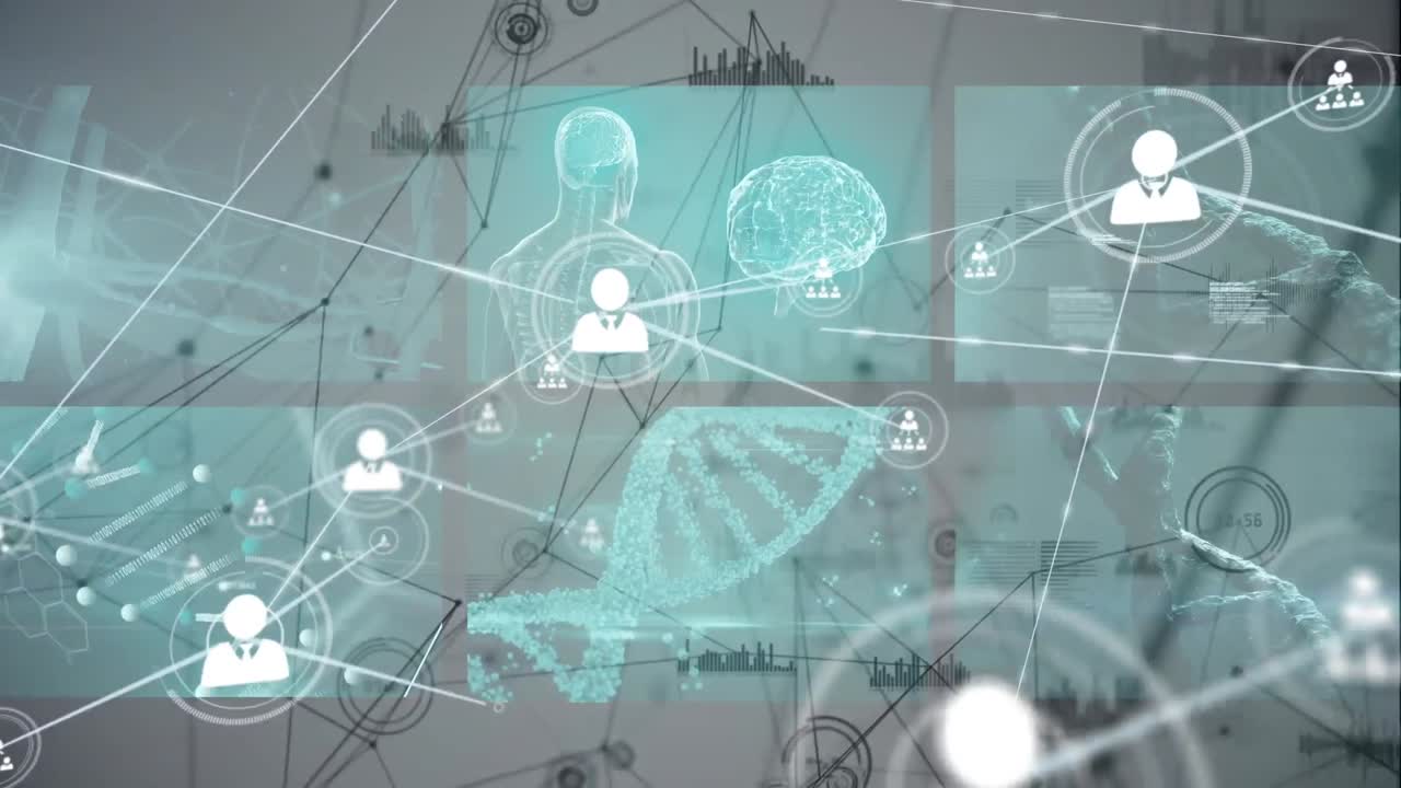 ⁇ 색 배경에 데이터 처리에 대한 아이콘으로 연결 네트워크의 애니메이션