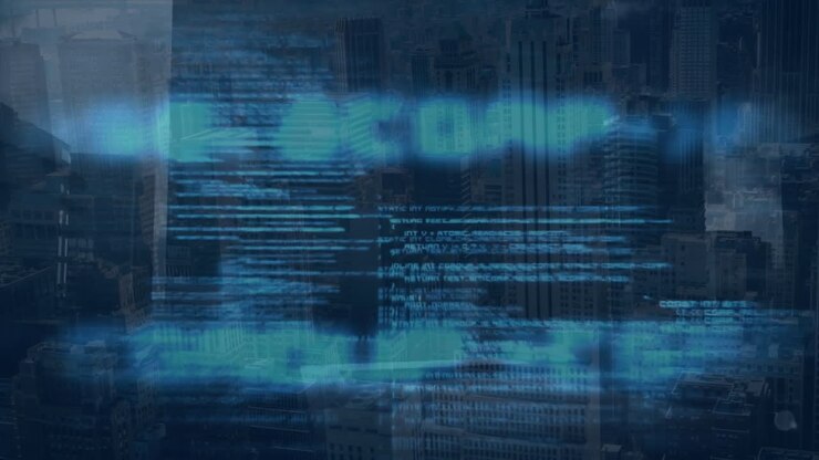 Animation of programming language moving over modern buildings
