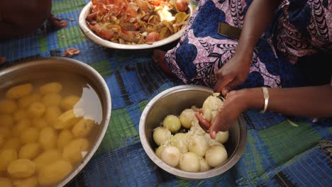 A-shot-of-two-black-woman-hands-cutting-an-onion-for-the-food-on-the-floor