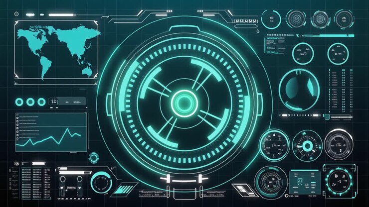 Antarmuka Digital HUD Futuristik dengan Data dan Peta Dunia
