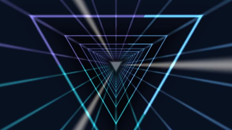 Glowing triangles form a tunnel effect with light beams shining through. The animation creates a dynamic motion visual suitable for various video projects
