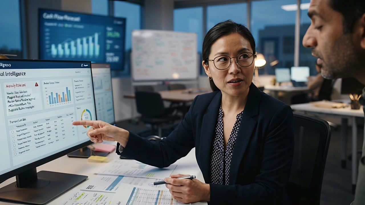 Pointing woman analyst in blazer reviewing dashboard on monitor, discussing next steps with peer